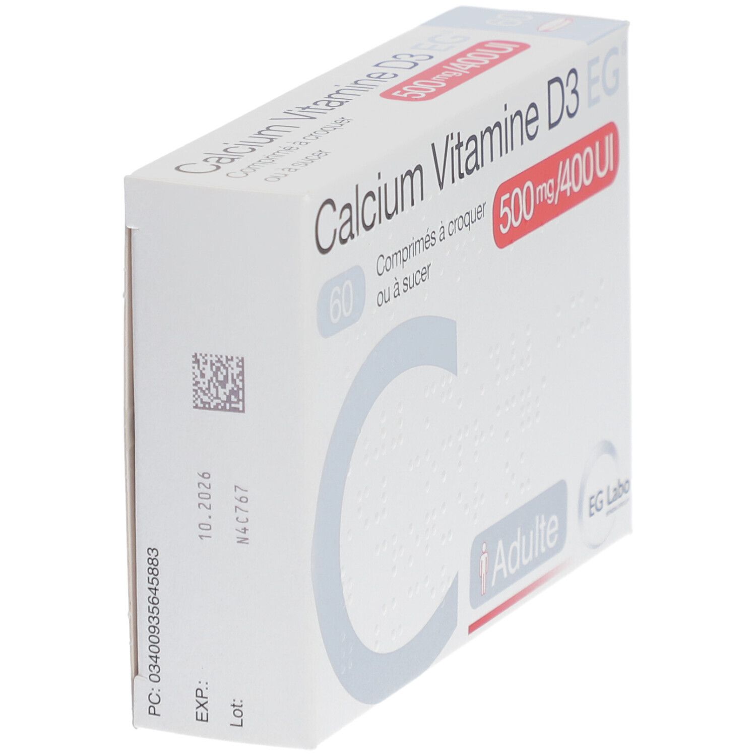 EG Labo Calcium Vitamine D3 500 mg/400 UI Comprimés à Croquer ou Sucer