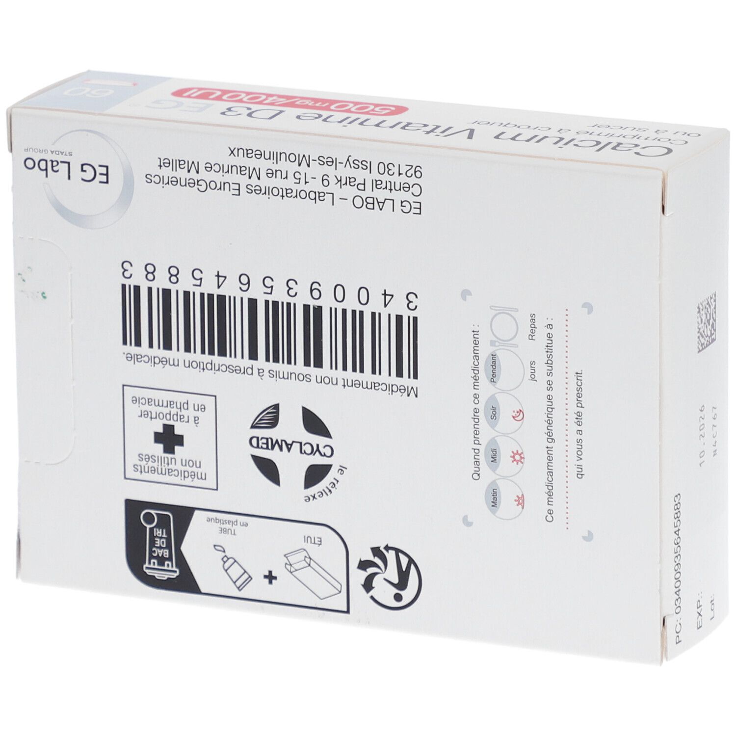 EG Labo Calcium Vitamine D3 500 mg/400 UI Comprimés à Croquer ou Sucer