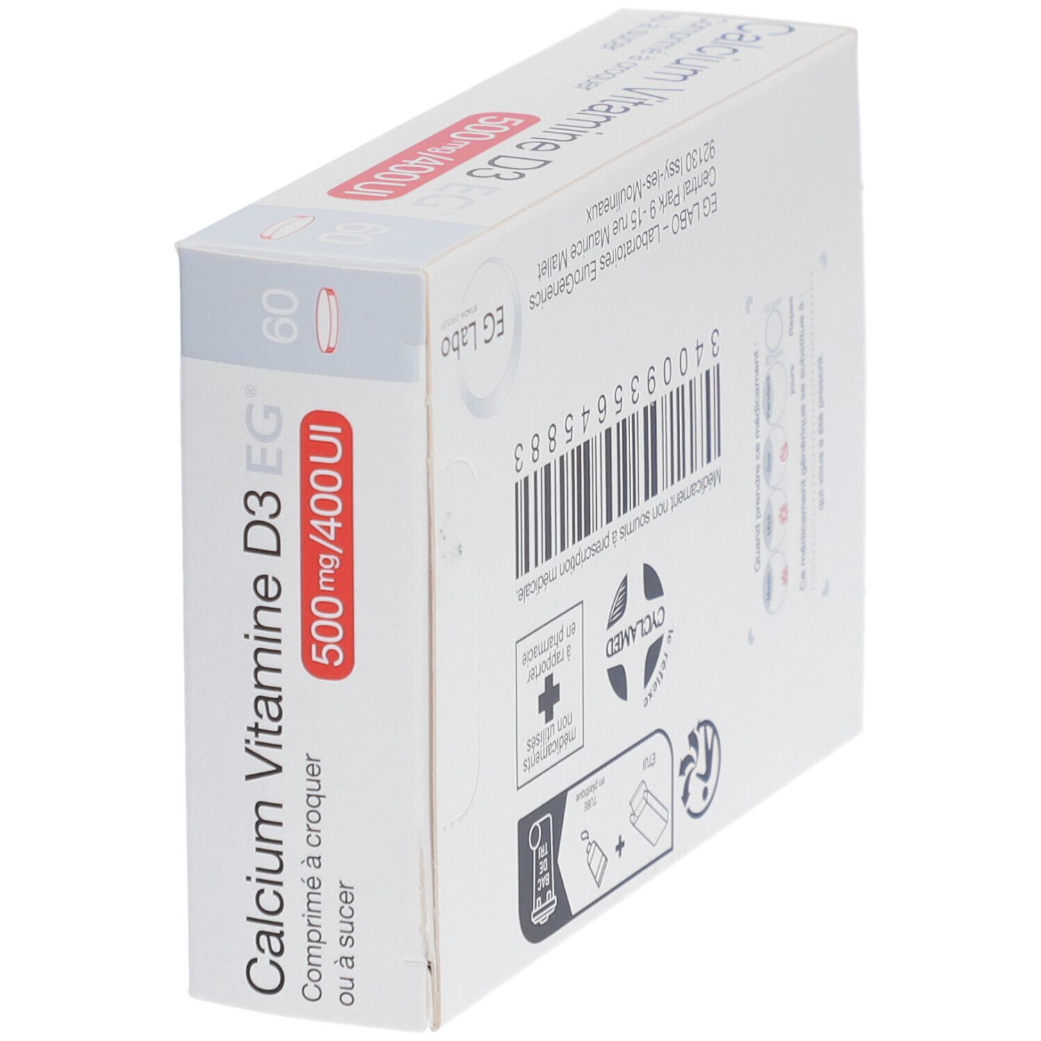 EG Labo Calcium Vitamine D3 500 mg/400 UI Comprimés à Croquer ou Sucer