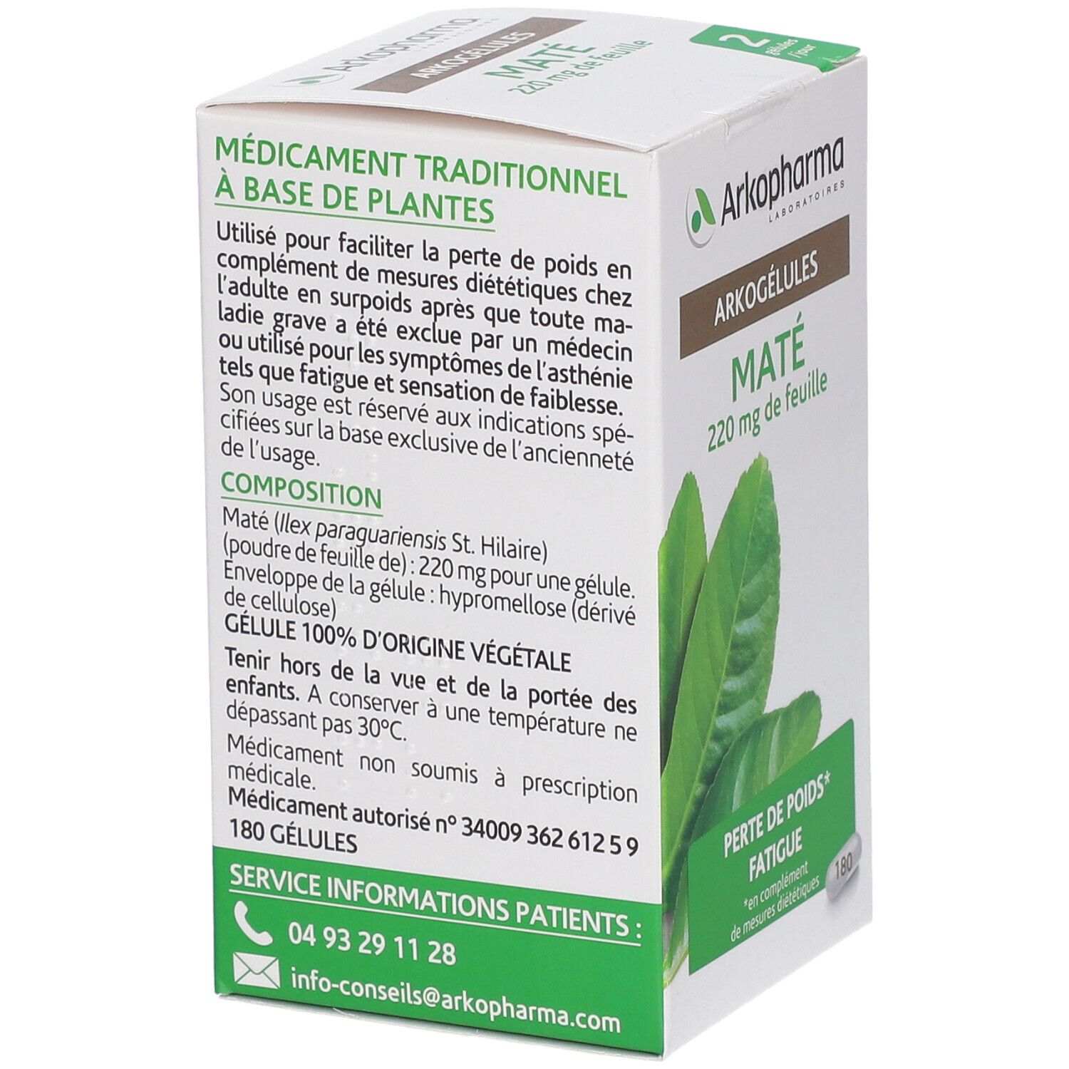 Boîte Arkogélules Maté. Contient 180 gélules. Inscription: 220 mg de feuille. Emballage vert et blanc avec feuilles.