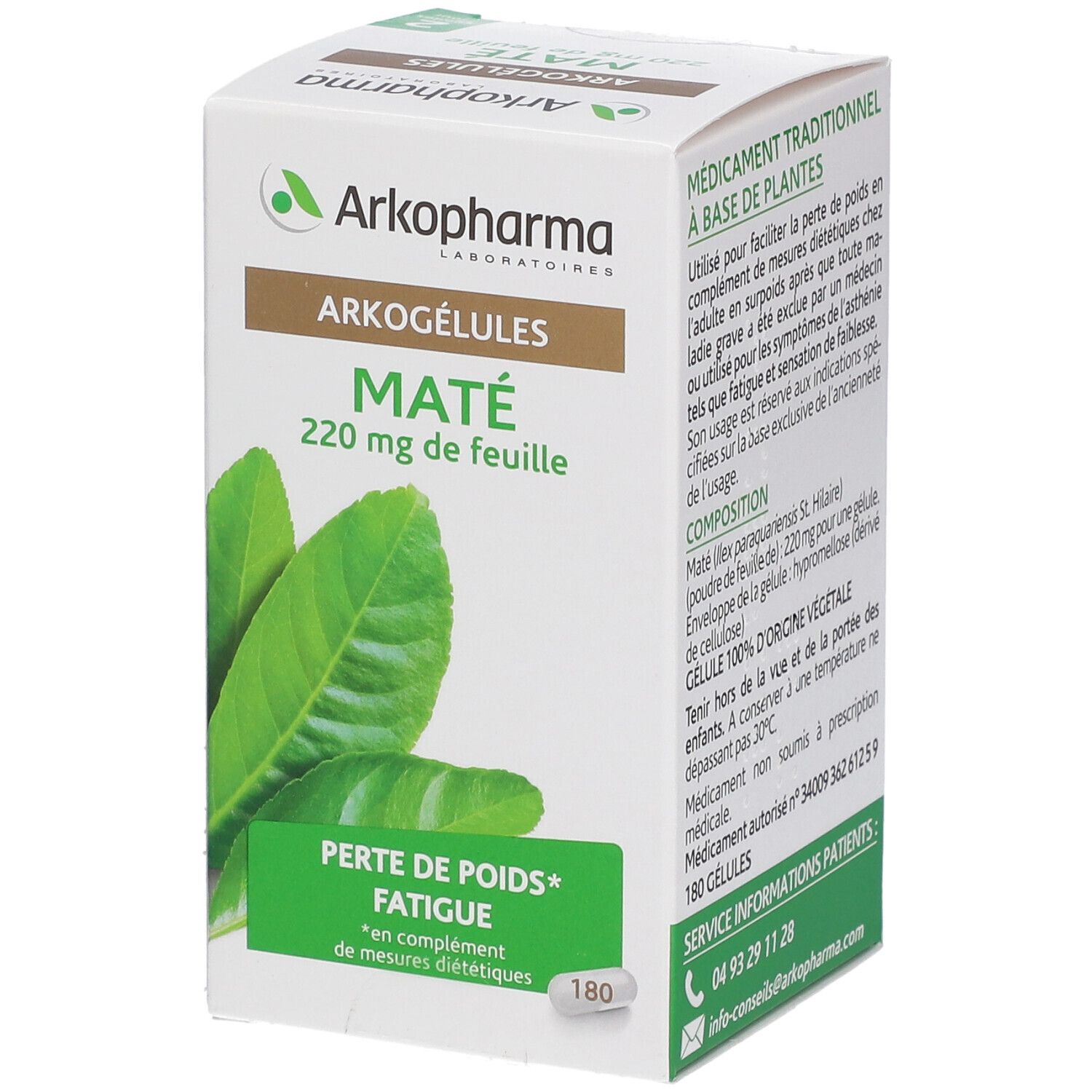 Boîte Arkogélules Maté. Contient 180 gélules. Inscription: 220 mg de feuille. Emballage vert et blanc avec feuilles.