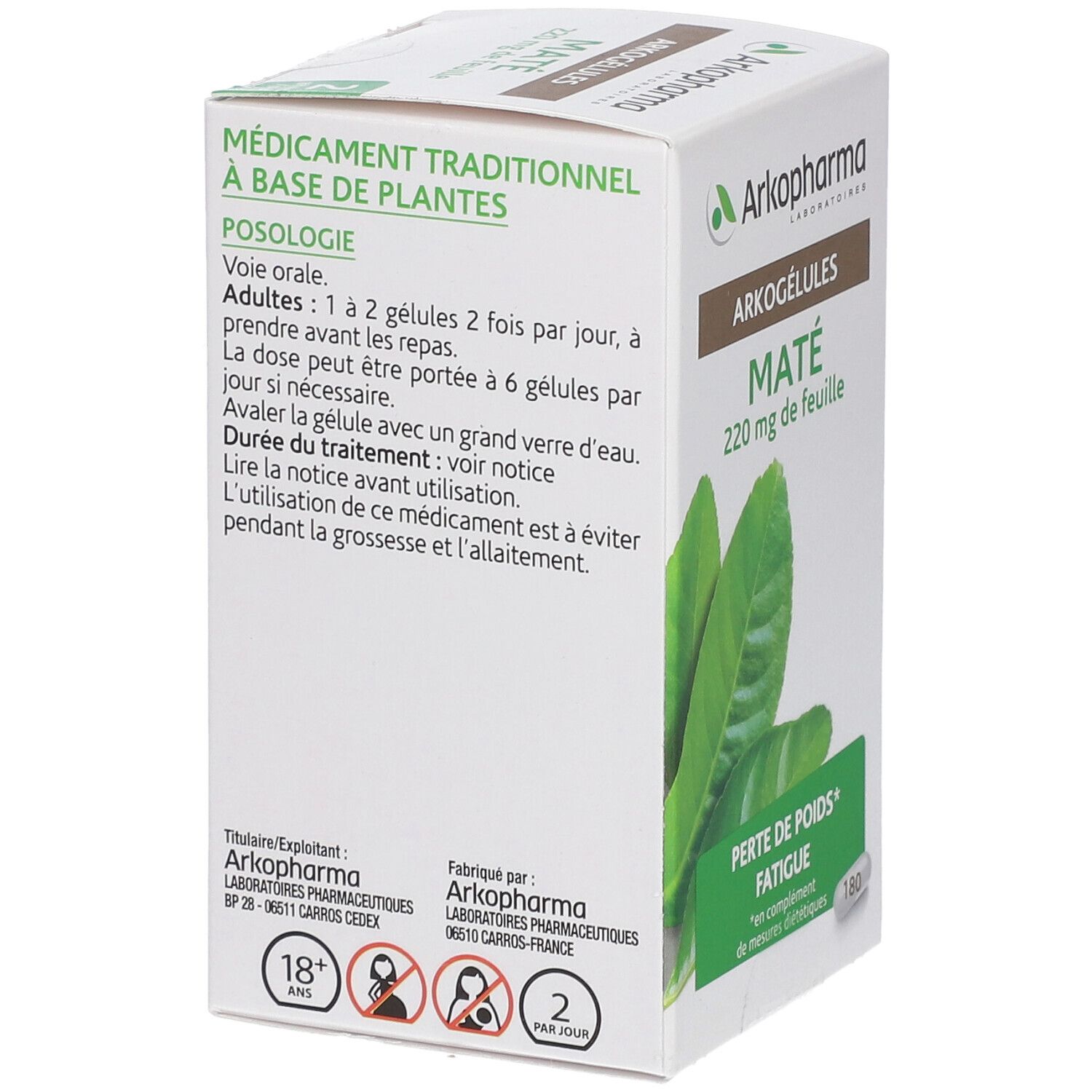 Boîte Arkogélules Maté. Dos avec texte. Contient 180 gélules. Inscription: 220 mg de feuille. Emballage vert et blanc.