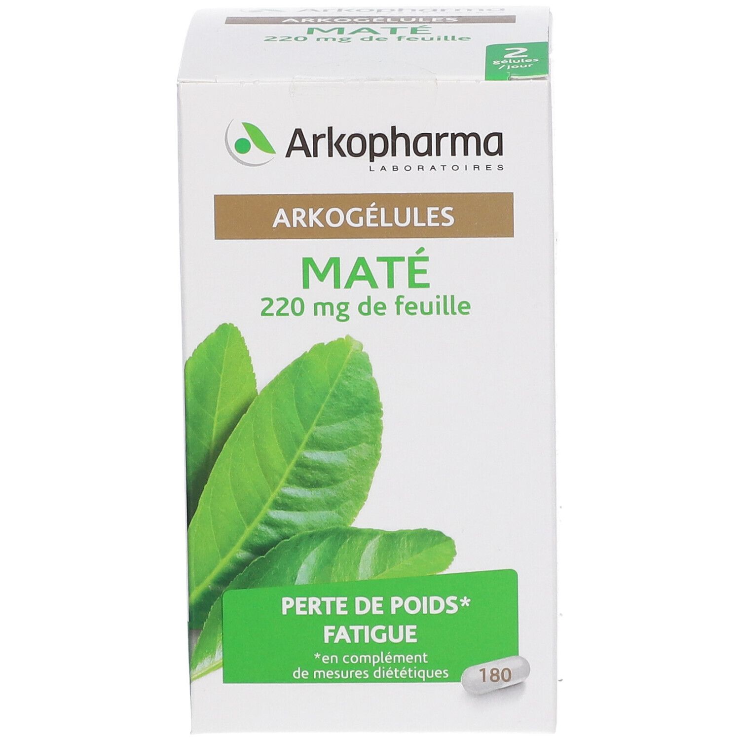 Boîte Arkogélules Maté. Contient 180 gélules. Inscription: 220 mg de feuille. Emballage vert et blanc avec feuilles.
