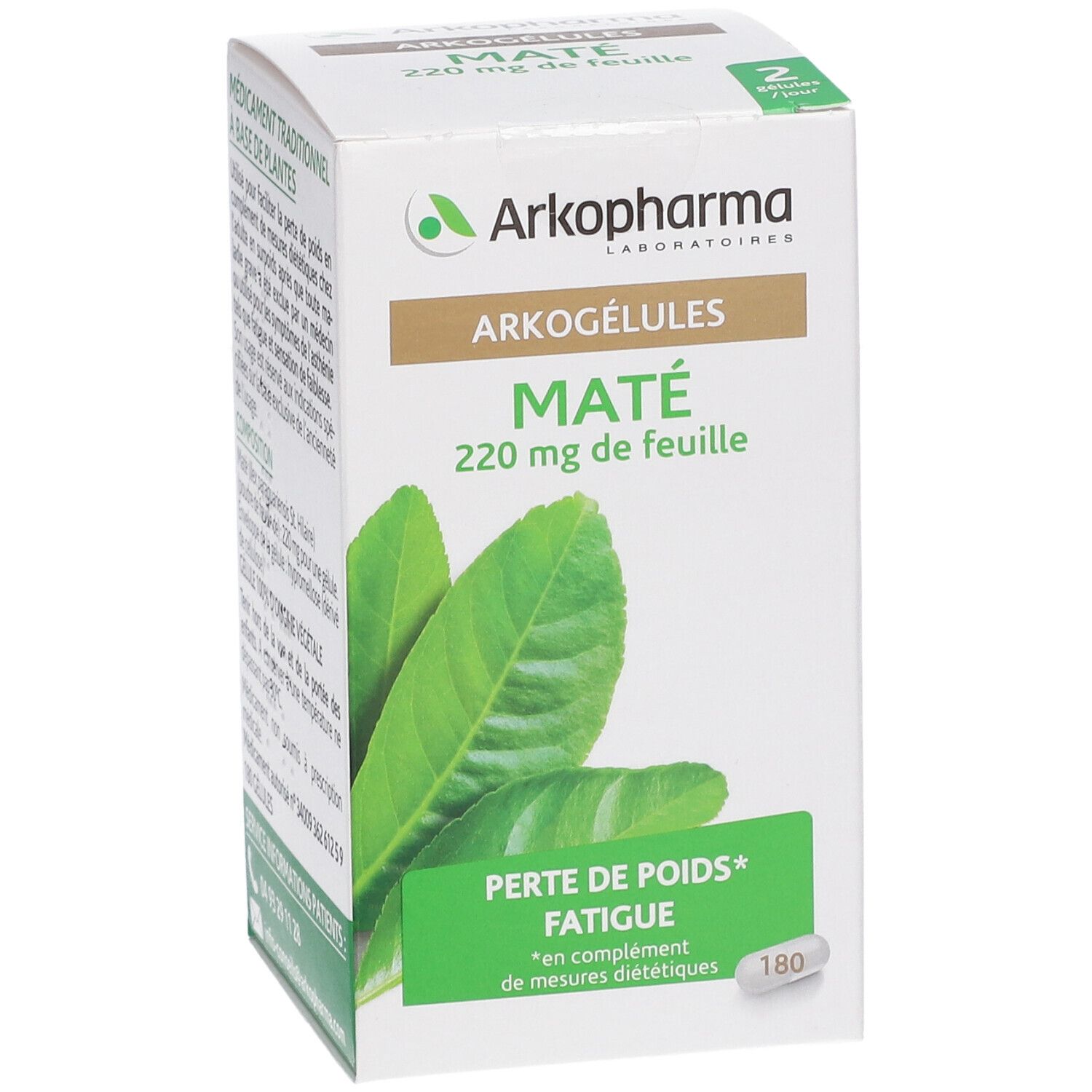 Boîte Arkogélules Maté. Contient 180 gélules. Inscription: 220 mg de feuille. Emballage vert et blanc avec feuilles.