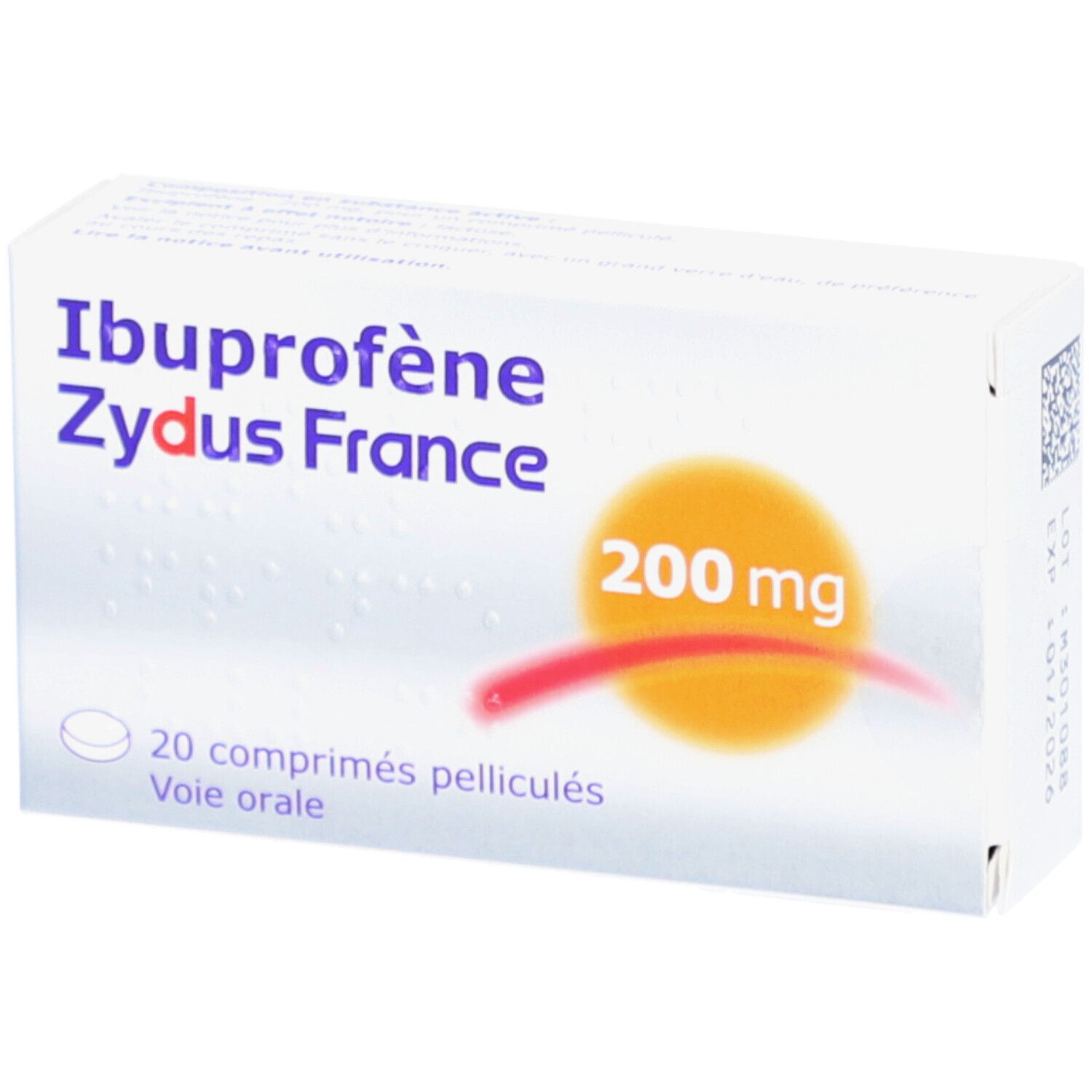 Boîte d'Ibuprofène ZYDUS FRANCE, 200 mg, 20 comprimés. Emballage blanc avec nom, dosage et logo.