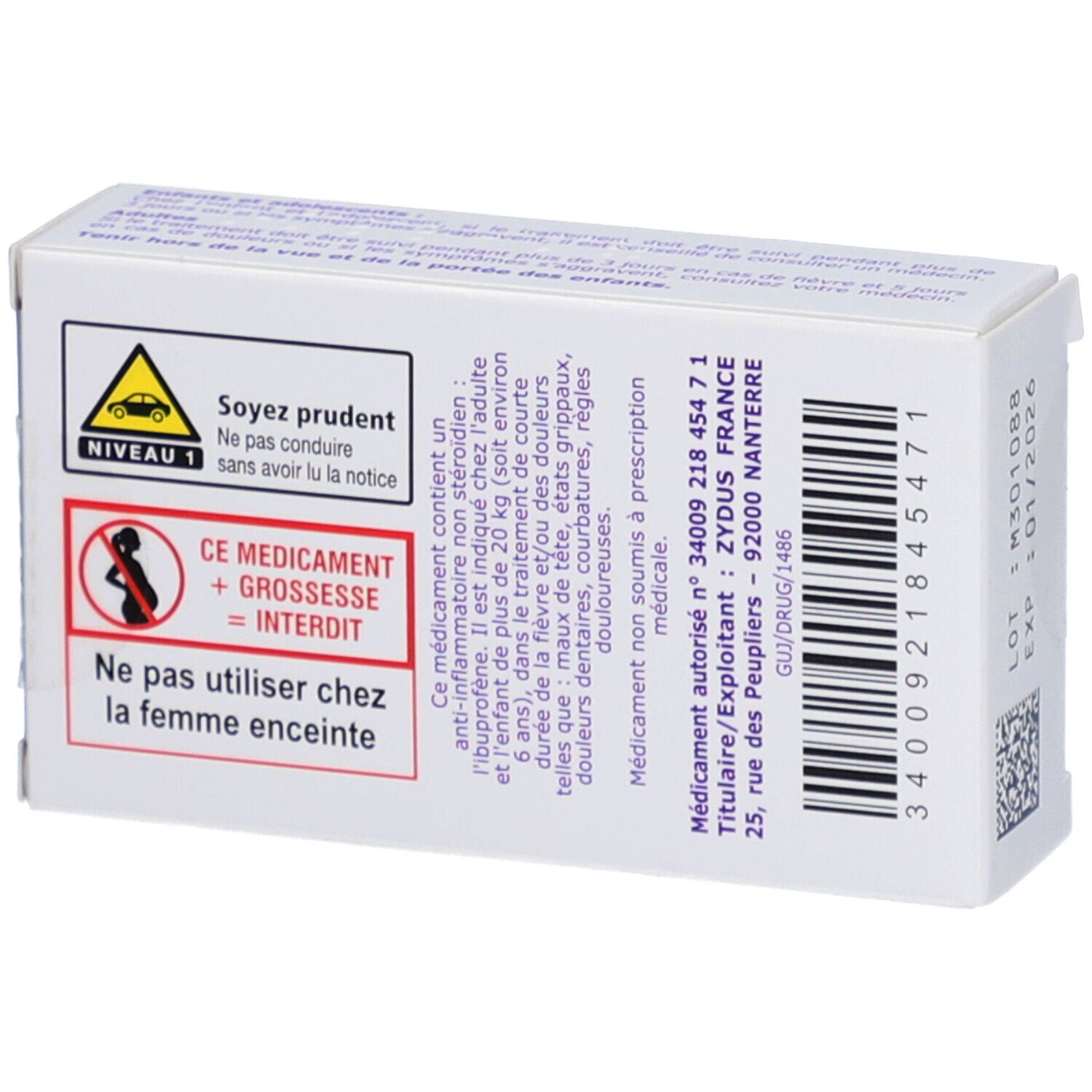 Dos de la boîte d'Ibuprofène ZYDUS FRANCE. Contient les avertissements, ingrédients et informations du fabricant.