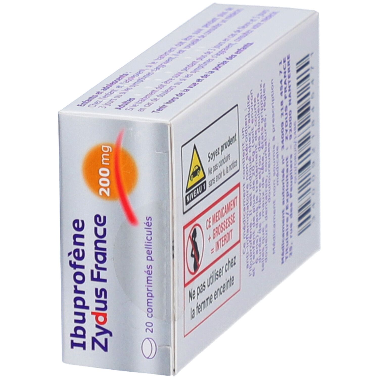 Vue en biais de la boîte d'Ibuprofène ZYDUS FRANCE. Affiche le nom du produit, le dosage et les avertissements.