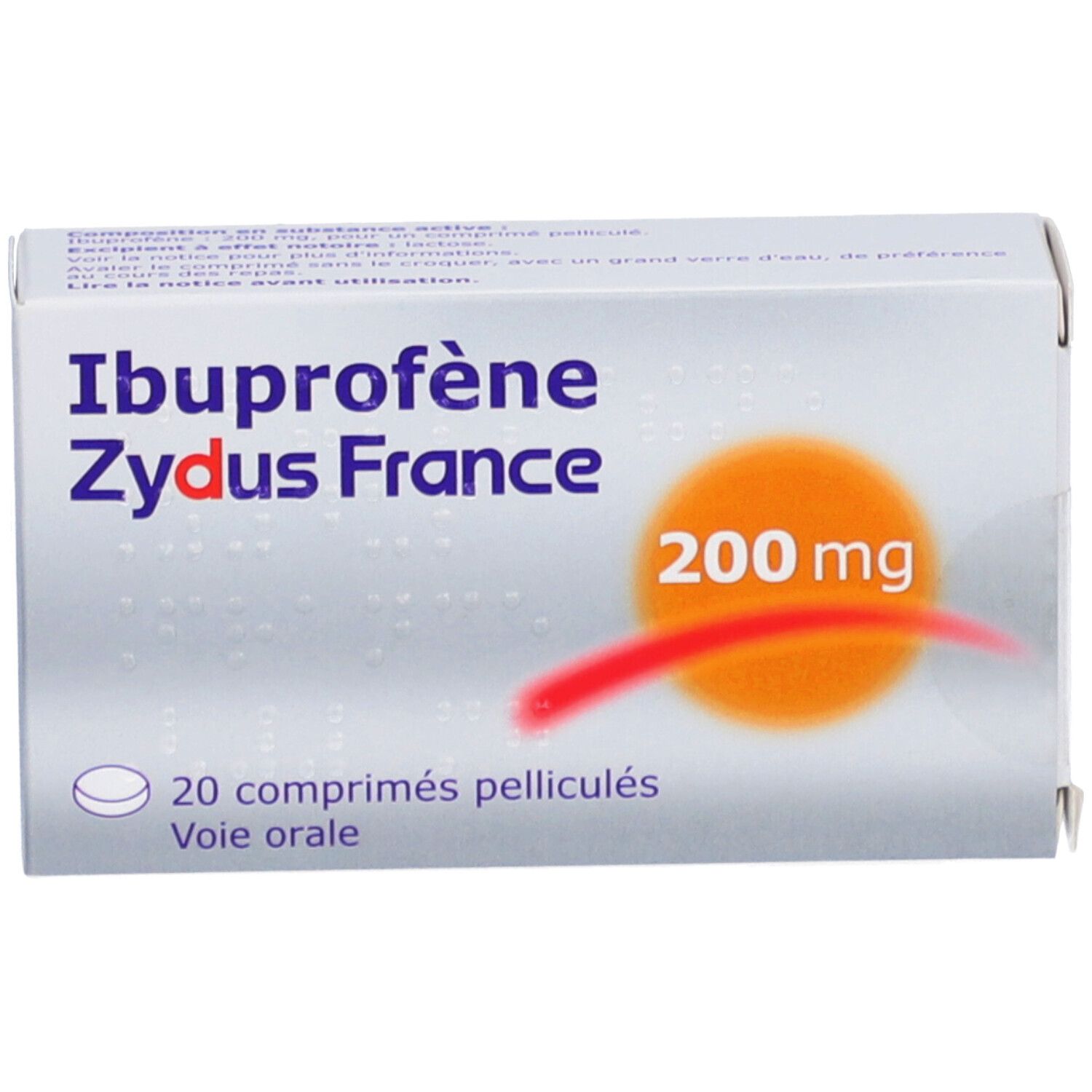 Boîte d'Ibuprofène ZYDUS FRANCE, 200 mg, 20 comprimés. Emballage blanc avec nom et dosage du produit.