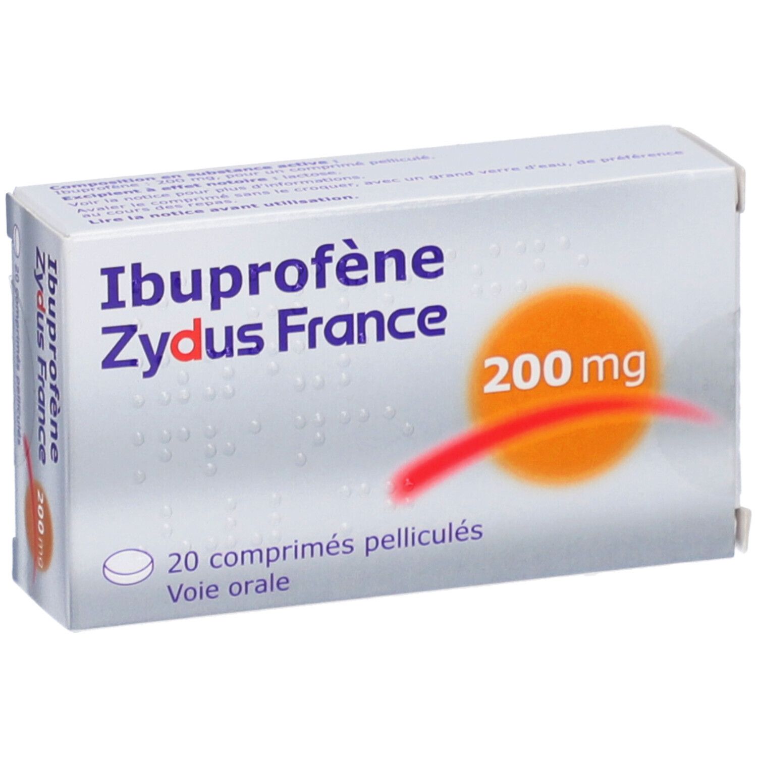 Boîte d'Ibuprofène ZYDUS FRANCE, 200 mg, 20 comprimés. Emballage blanc avec nom et dosage du produit.