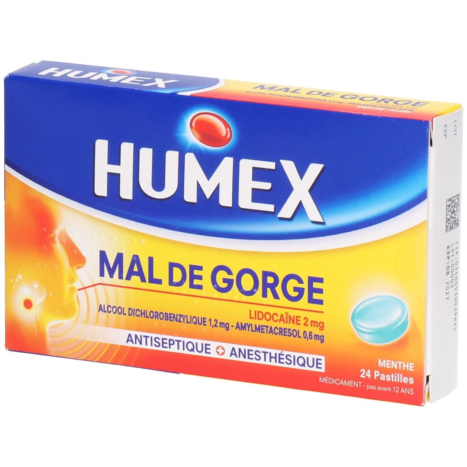 Boîte HUMEX MAL DE GORGE. Contient Lidocaïne, Amylmétacrésol, Alcool Dichlorobenzylique. 24 pastilles. Bleu, jaune et rouge.