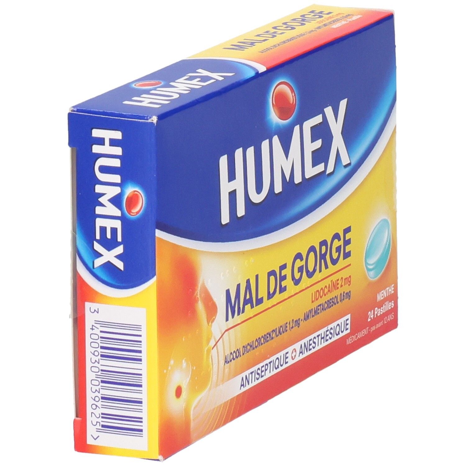 Boîte HUMEX MAL DE GORGE. Contient Lidocaïne, Amylmétacrésol, Alcool Dichlorobenzylique. 24 pastilles. Vue oblique. Bleu, jaune et rouge.