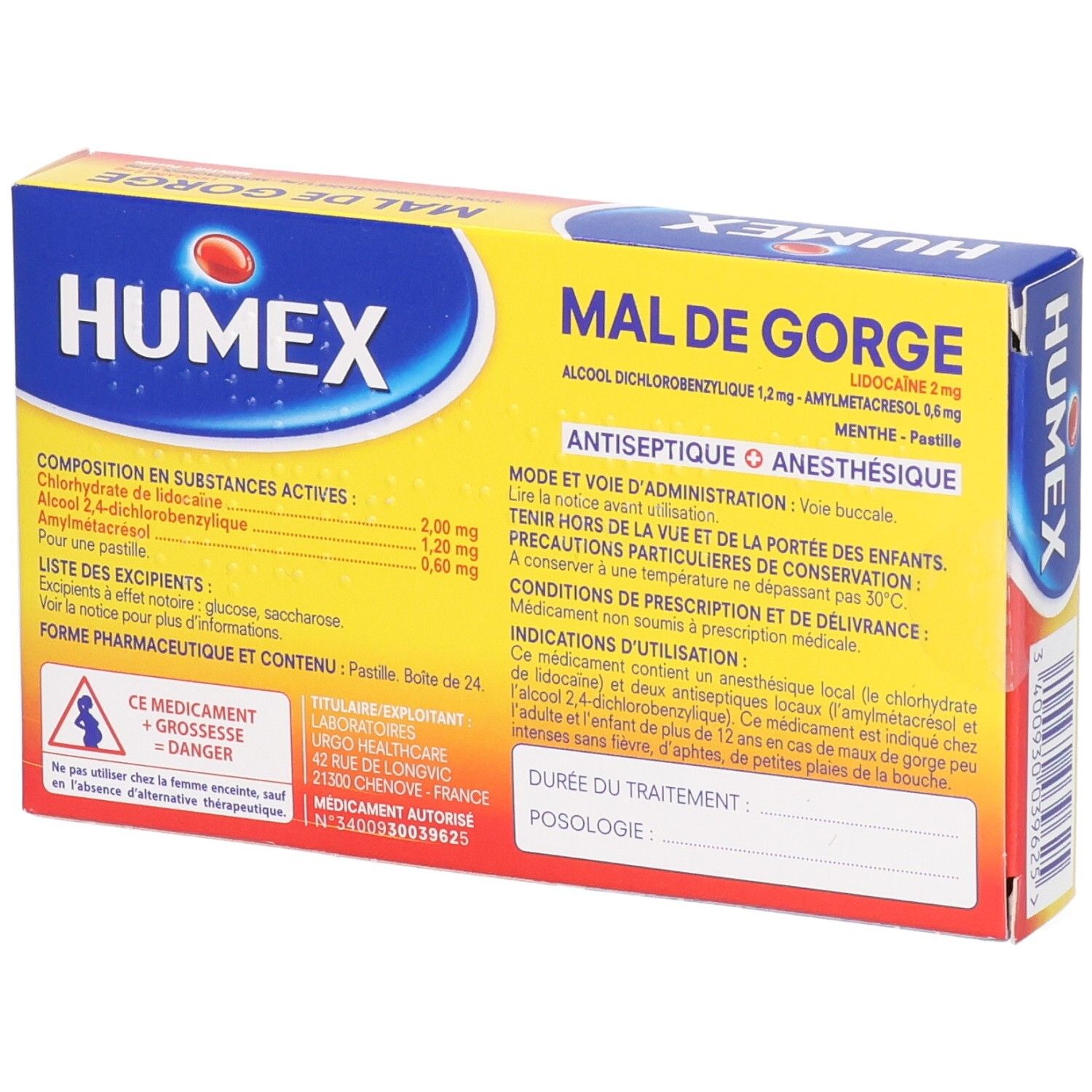 Dos de la boîte HUMEX MAL DE GORGE. Ingrédients et instructions. Contient Lidocaïne, Amylmétacrésol, Alcool Dichlorobenzylique.