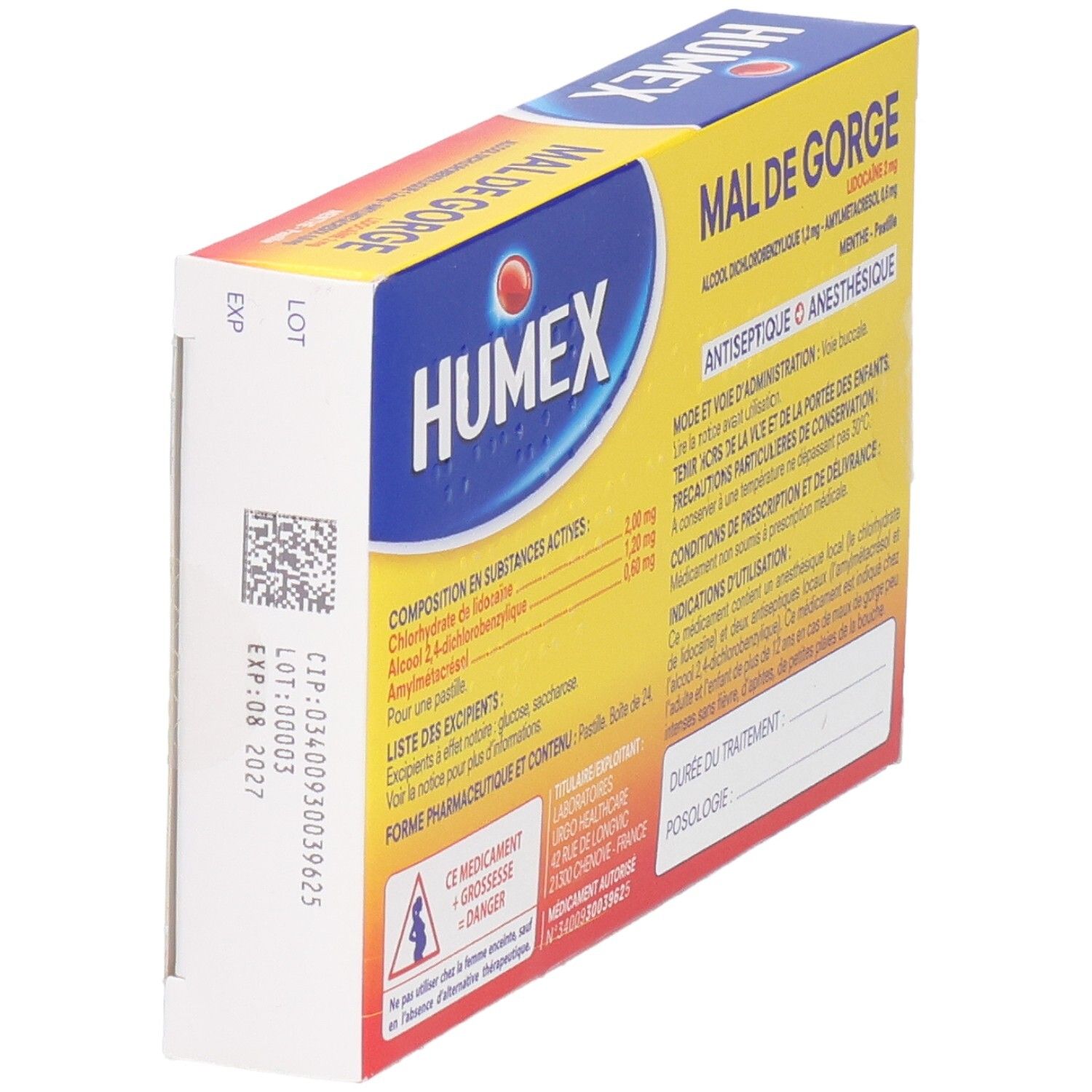 Dos de la boîte HUMEX MAL DE GORGE. Ingrédients et instructions. Contient Lidocaïne, Amylmétacrésol, Alcool Dichlorobenzylique. Vue oblique.
