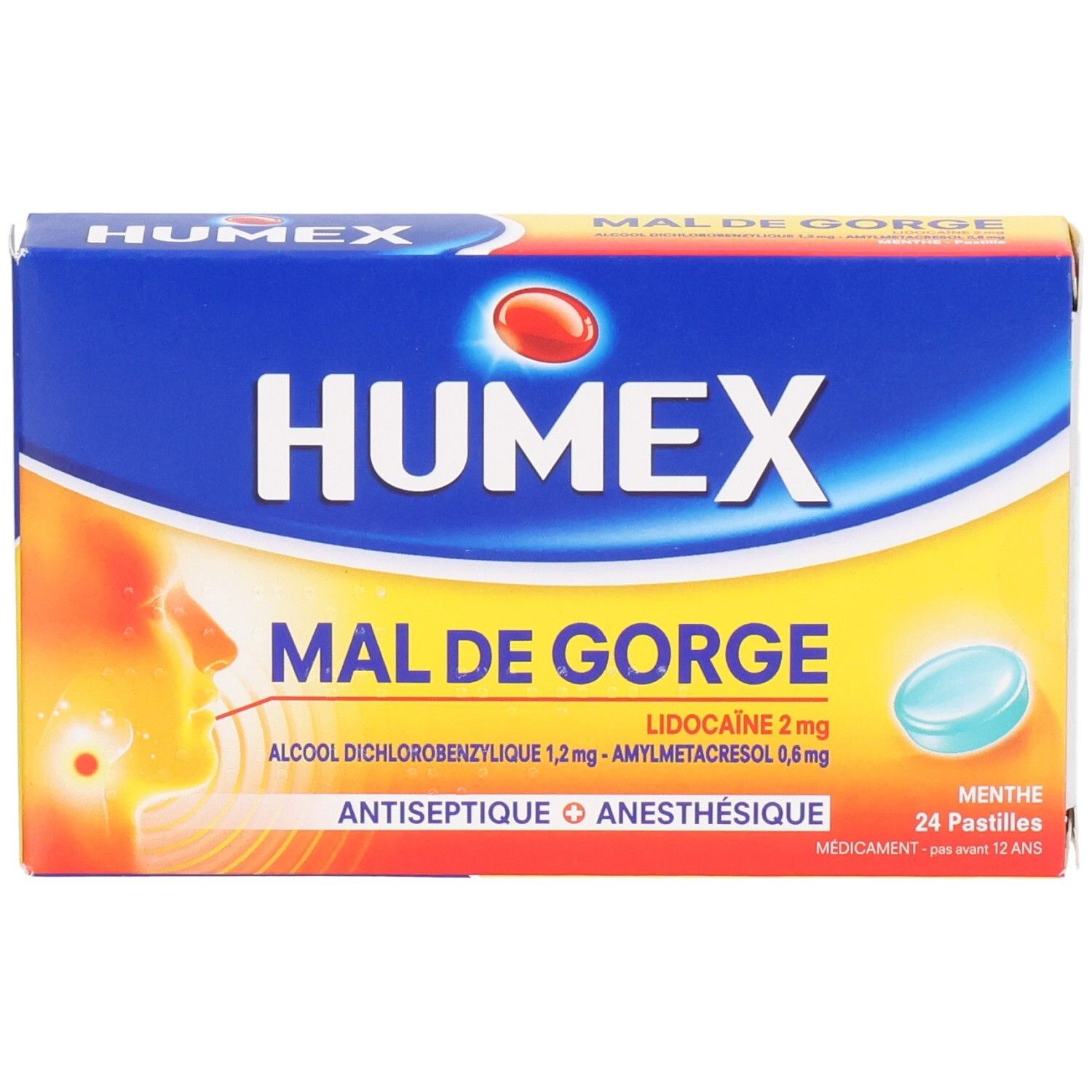 Boîte HUMEX MAL DE GORGE. Contient Lidocaïne, Amylmétacrésol, Alcool Dichlorobenzylique. 24 pastilles. Bleu, jaune et rouge.