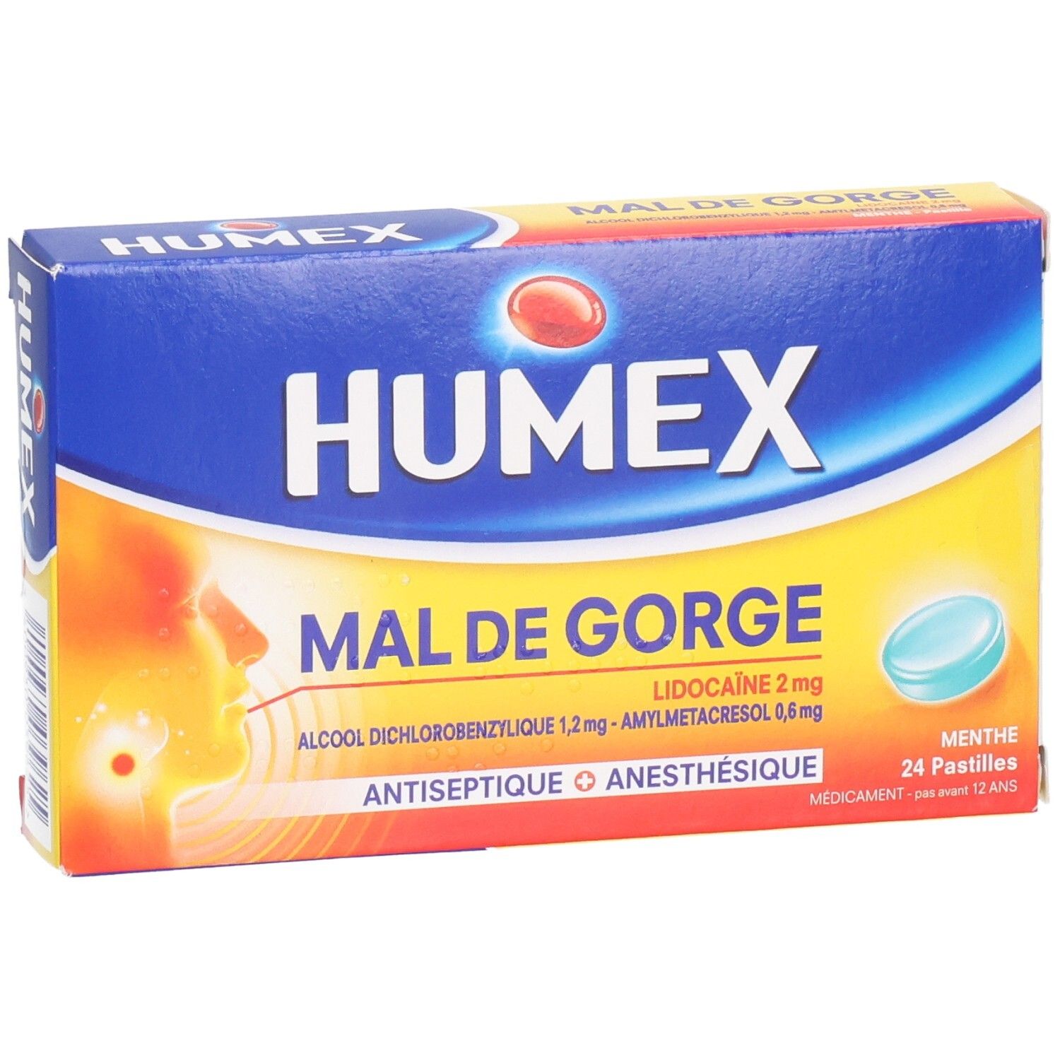 Boîte HUMEX MAL DE GORGE. Contient Lidocaïne, Amylmétacrésol, Alcool Dichlorobenzylique. 24 pastilles. Bleu, jaune et rouge.