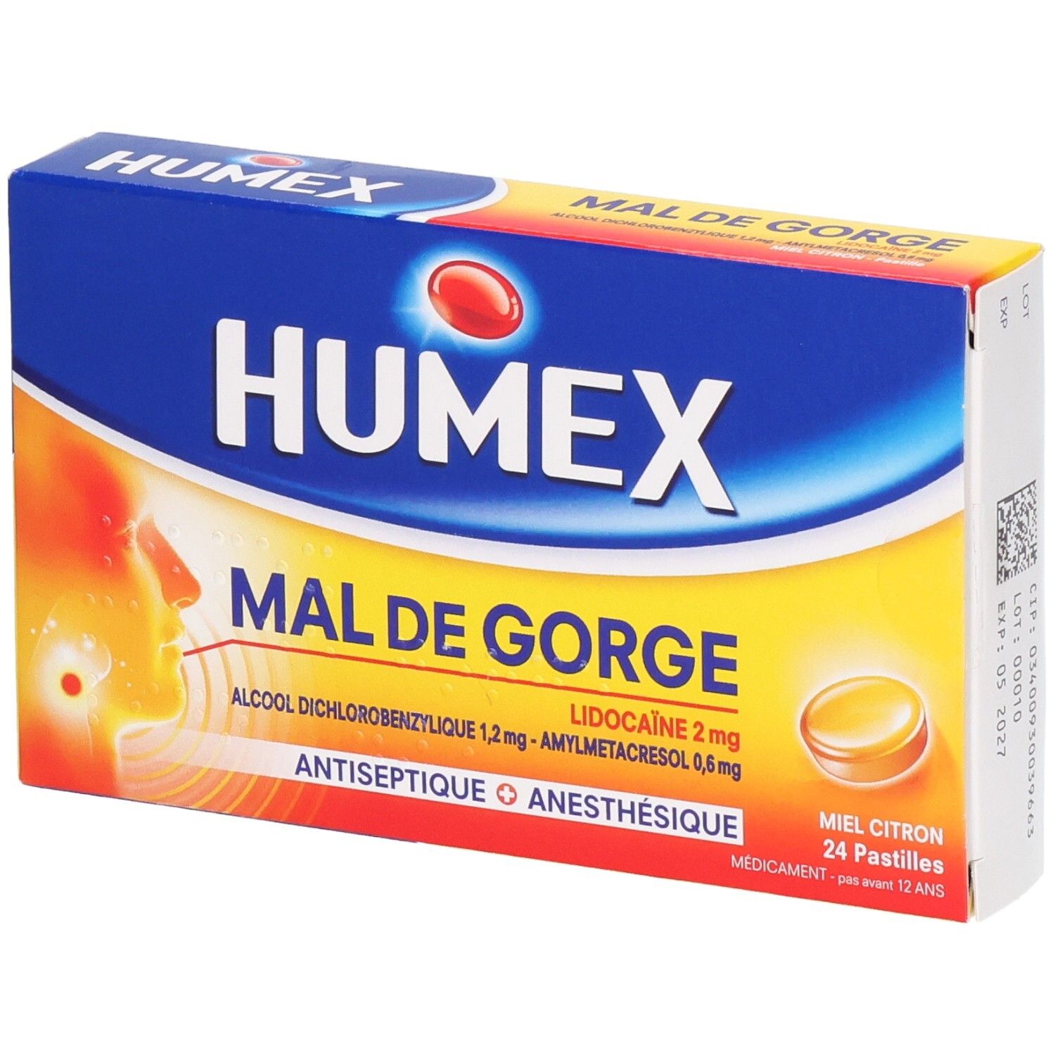 Boîte HUMEX MAL DE GORGE. Emballage bleu et jaune avec nom du produit et image de pastilles. 24 pastilles.