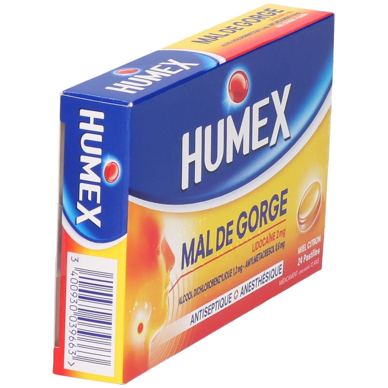 Boîte HUMEX MAL DE GORGE, vue latérale. Emballage bleu et jaune avec nom du produit. Code-barres et logo rouge.