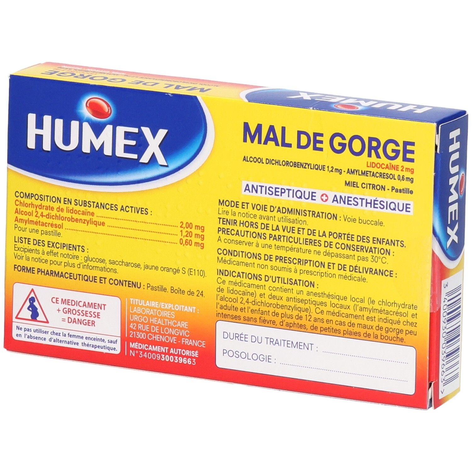 Dos de la boîte HUMEX MAL DE GORGE. Texte avec ingrédients, instructions d'utilisation et avertissements.