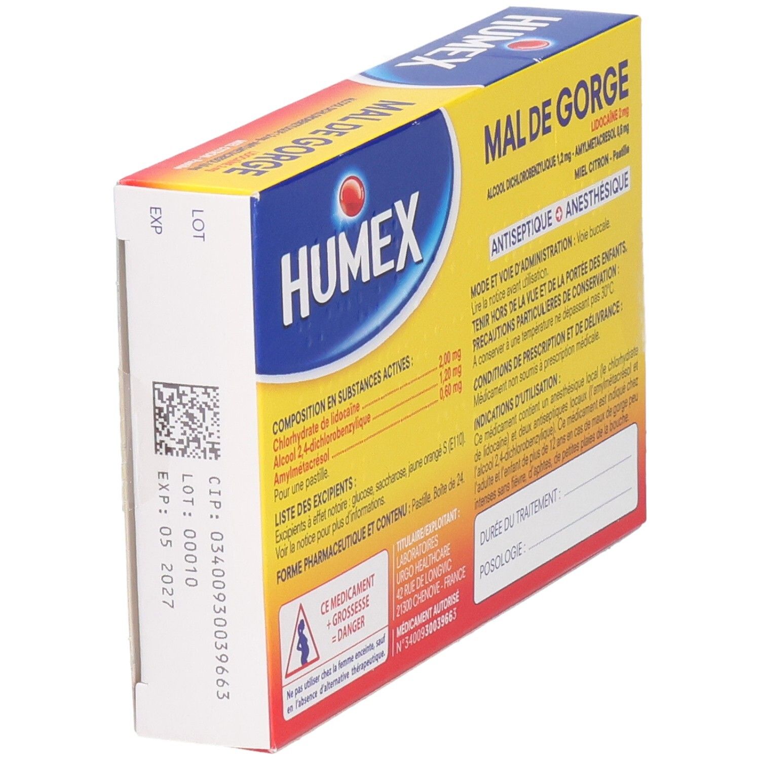 Boîte HUMEX MAL DE GORGE, dos. Texte avec ingrédients, instructions et avertissements. Date d'expiration.