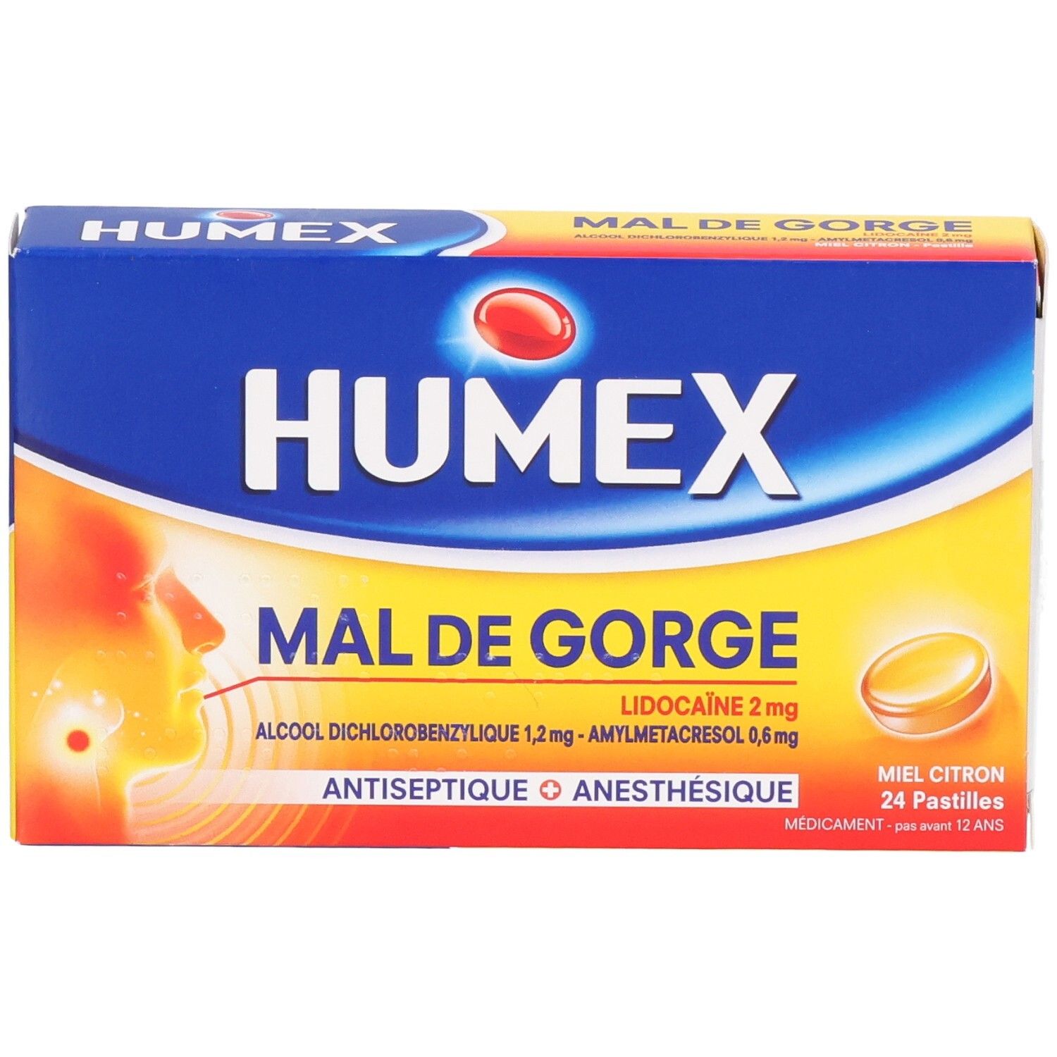Boîte HUMEX MAL DE GORGE. Emballage bleu et jaune avec nom du produit et image de pastilles. 24 pastilles.