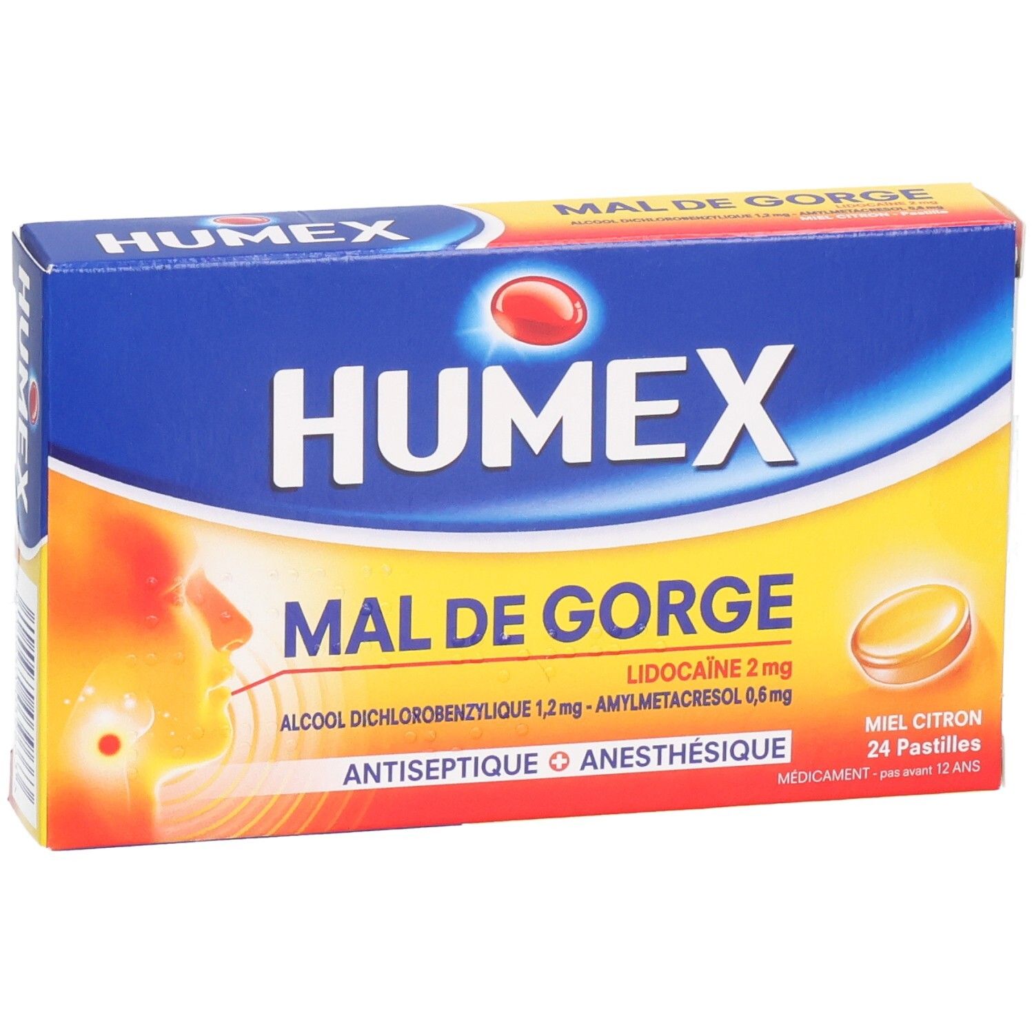 Boîte HUMEX MAL DE GORGE. Emballage bleu et jaune avec nom du produit et image de pastilles. 24 pastilles.