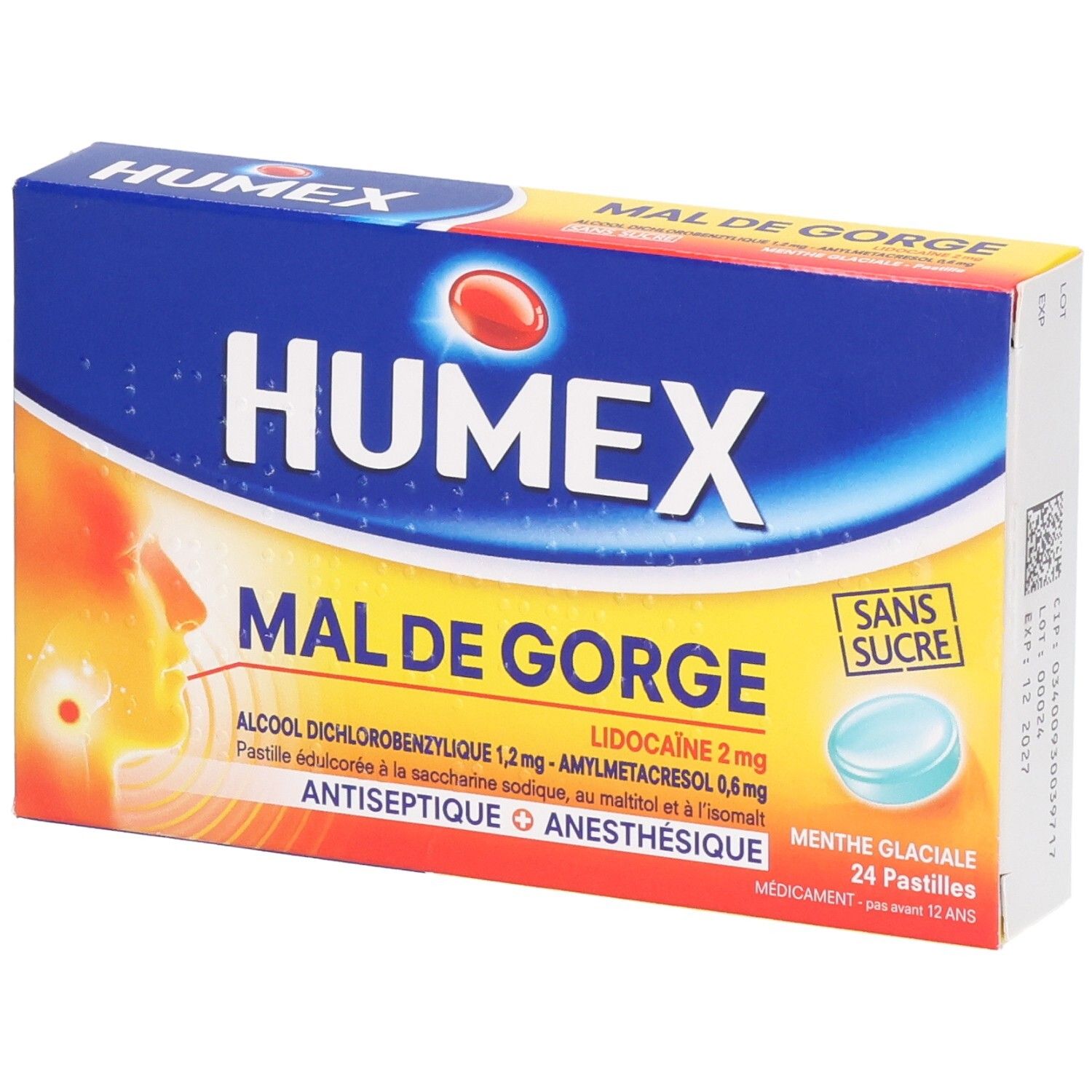 Boîte HUMEX MAL DE GORGE. Inscription: MAL DE GORGE, 24 pastilles, sans sucre. Image d'une pastille bleue.