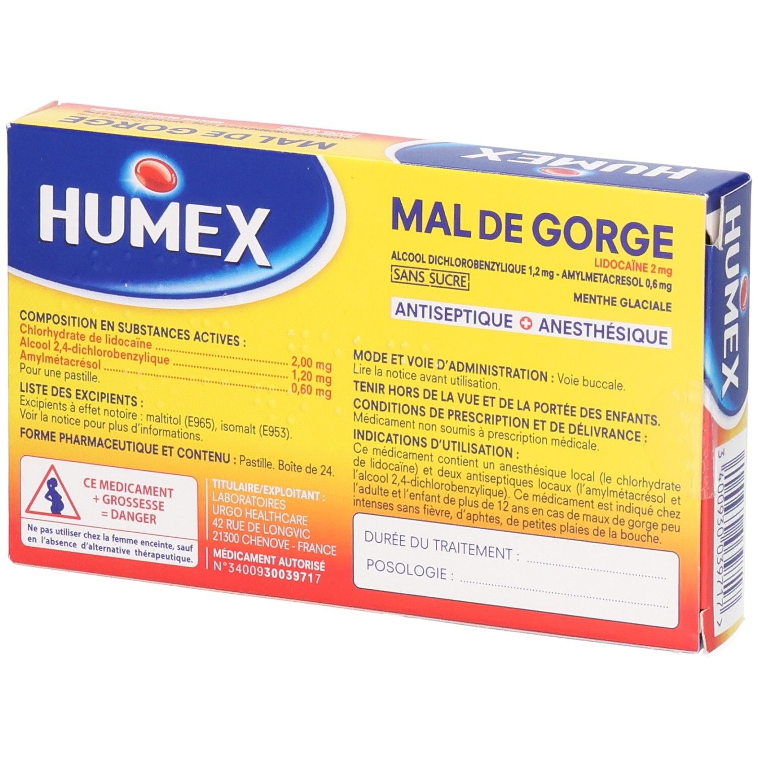 Boîte HUMEX MAL DE GORGE, dos. Inscription: HUMEX, MAL DE GORGE. Texte sur les ingrédients et l'utilisation. Avertissement.