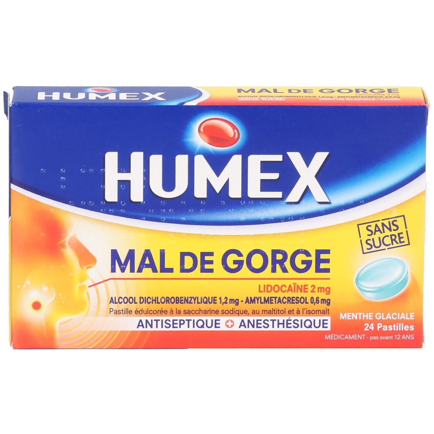 Boîte HUMEX MAL DE GORGE. Inscription: HUMEX, MAL DE GORGE, 24 pastilles, sans sucre. Image d'une pastille bleue.