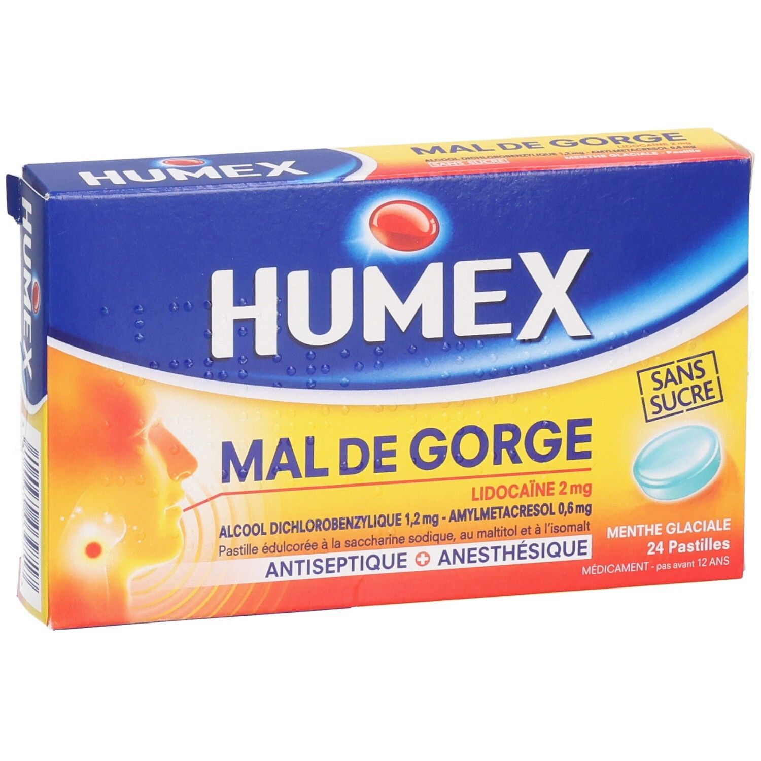 Boîte HUMEX MAL DE GORGE. Inscription: HUMEX, MAL DE GORGE, 24 pastilles, sans sucre. Image d'une pastille bleue.