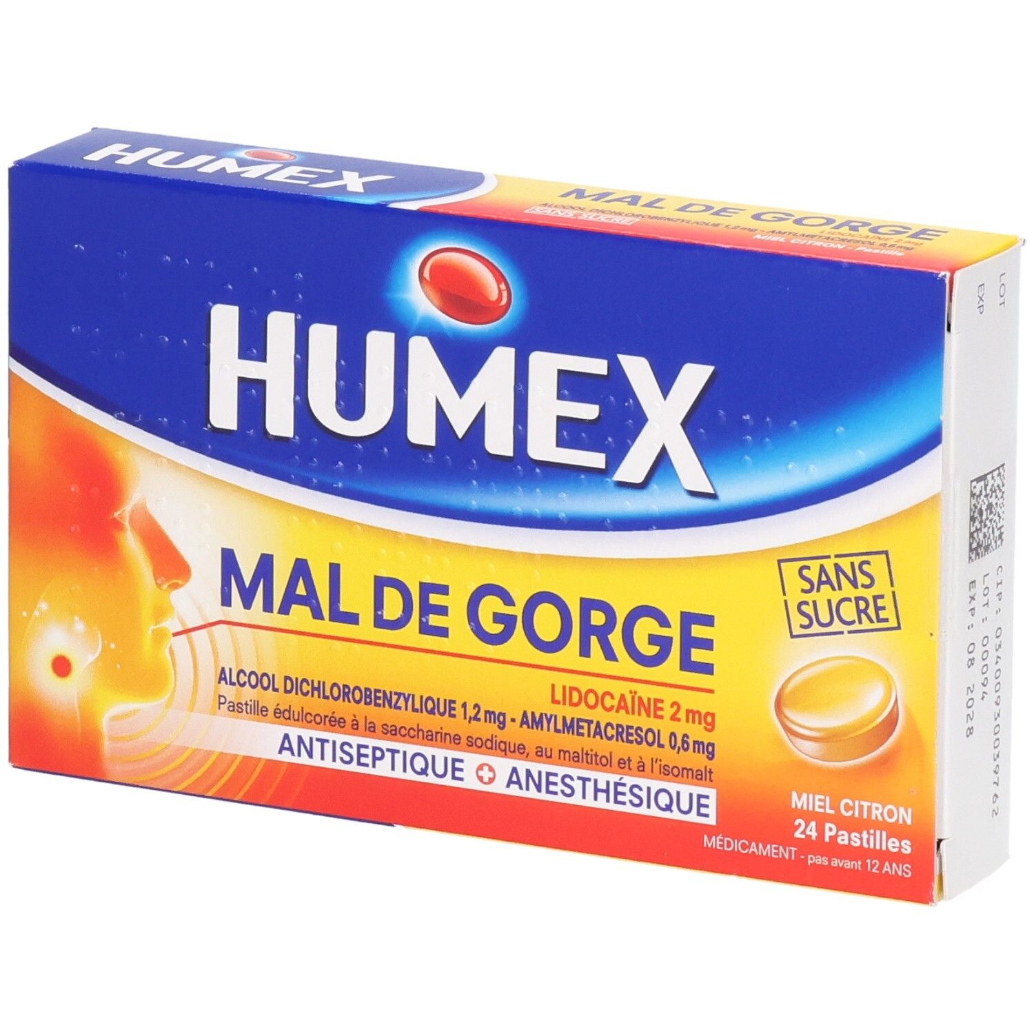 Boîte de pastilles Humex Mal de Gorge. Emballage bleu et jaune. Texte: Mal de Gorge, Miel Citron, 24 pastilles.