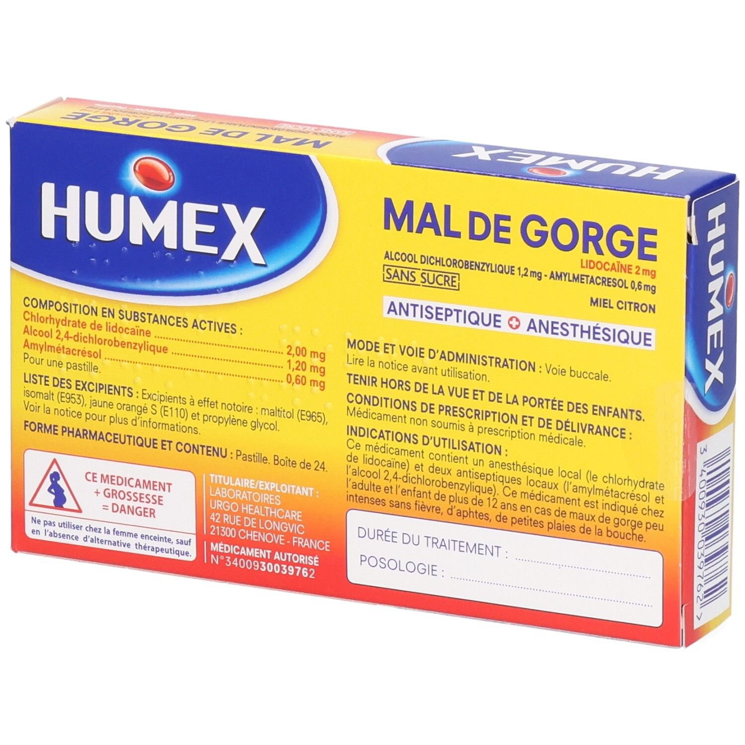 Dos de la boîte de pastilles Humex Mal de Gorge. Fond jaune. Texte: Composition, posologie, avertissements.