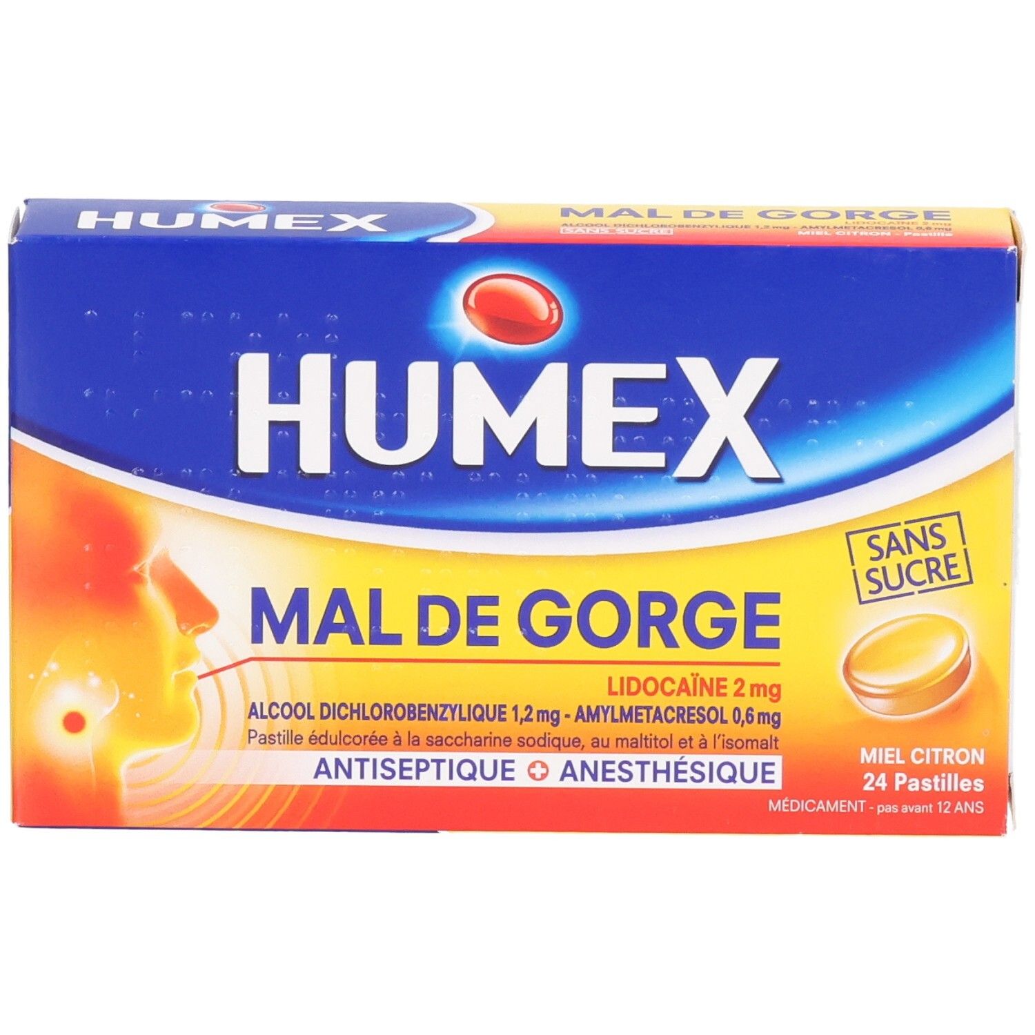 Boîte de pastilles Humex Mal de Gorge. Emballage bleu et jaune. Texte: Mal de Gorge, Miel Citron, 24 pastilles.