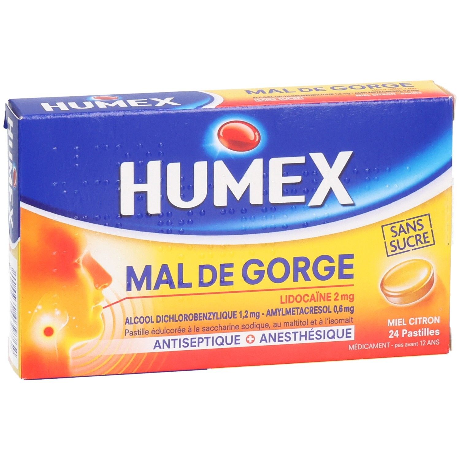 Boîte de pastilles Humex Mal de Gorge. Emballage bleu et jaune. Texte: Mal de Gorge, Miel Citron, 24 pastilles.