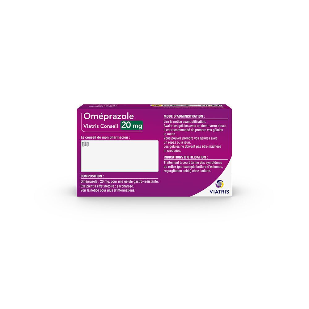 Dos du paquet Oméprazole Viatris Conseil 20mg. Texte avec posologie et ingrédients. Logo Viatris.
