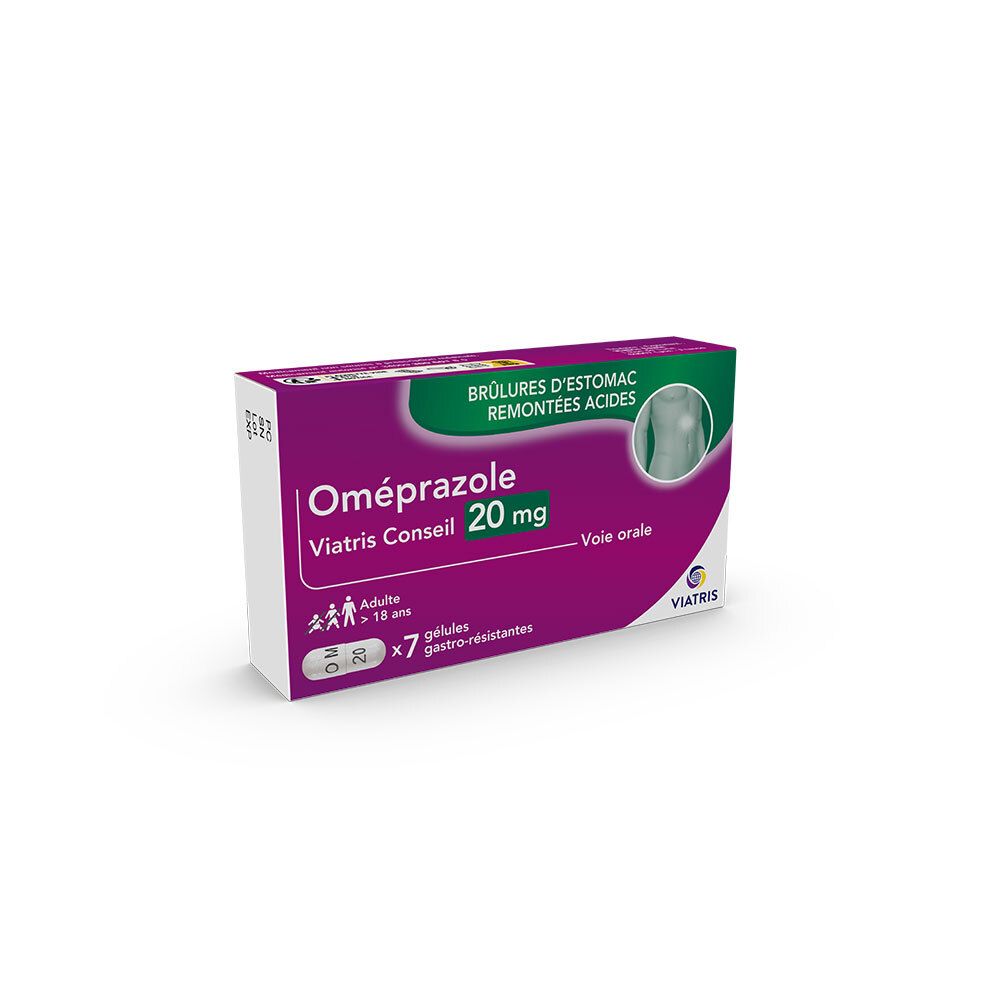 Oméprazole Viatris Conseil 20mg, boîte. Boîte violette et verte. 7 gélules. Pour adultes.