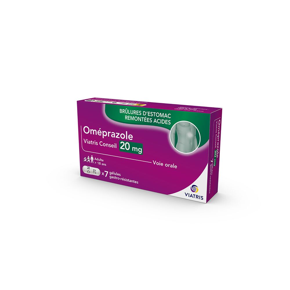 Oméprazole Viatris Conseil 20mg, boîte. Boîte violette et verte. 7 gélules. Pour adultes.