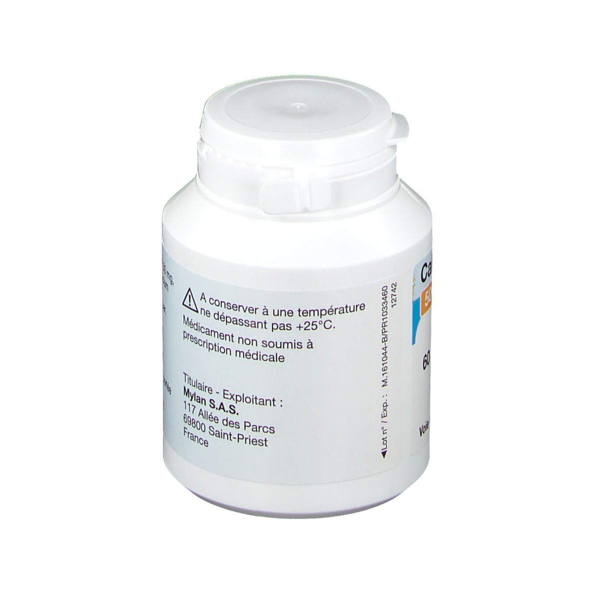 Dos d'un flacon blanc Calcium Mylan. Texte en français.