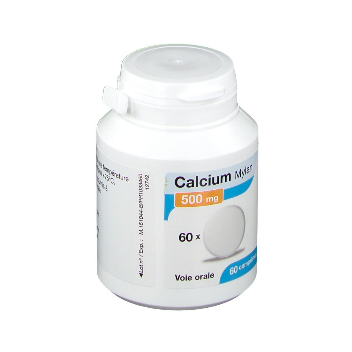 Flacon blanc de Calcium Mylan 500 mg, 60 comprimés. Inscription: voie orale.