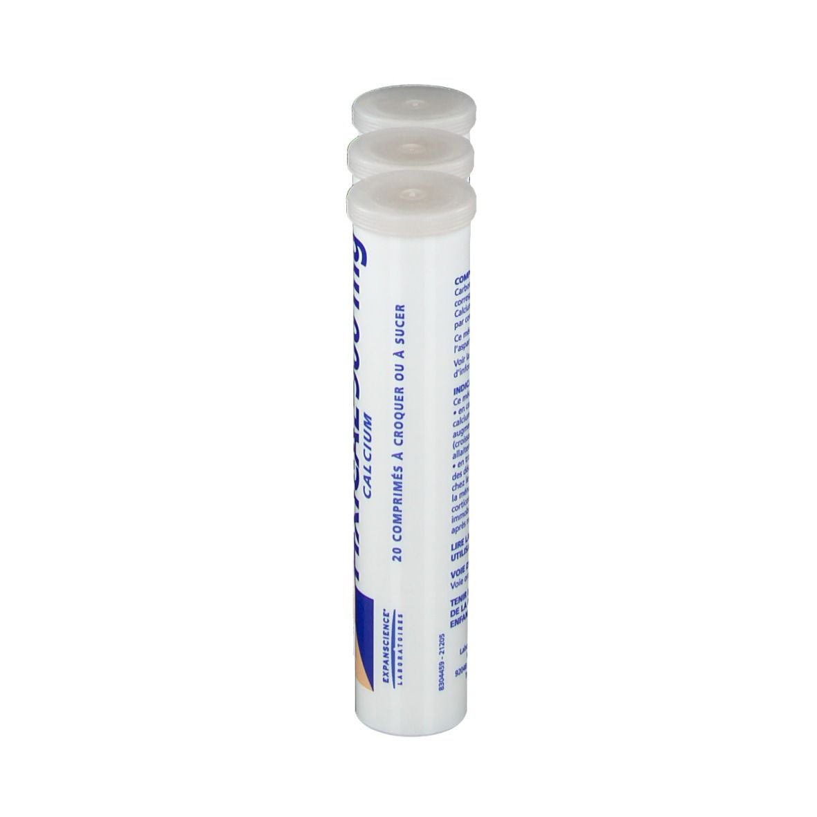 Tube cylindrique blanc avec bouchon. Inscription: Calcium, 20 comprimés effervescents. Marque: Effervescence.