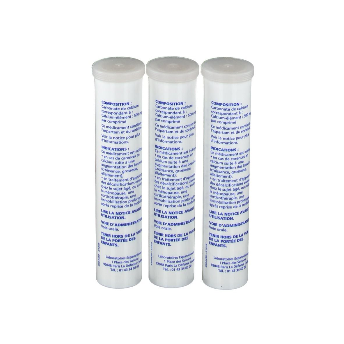 Trois tubes cylindriques avec bouchons blancs. Texte en français. Contient du carbonate de calcium.