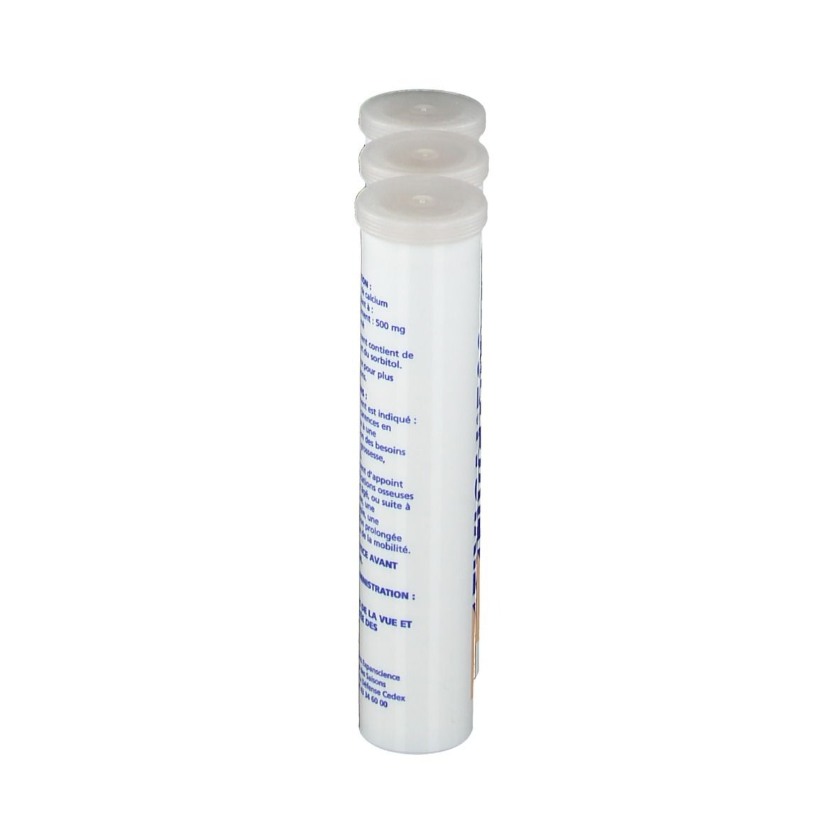Tube cylindrique blanc avec bouchon. Inscription: Calcium, 20 comprimés effervescents. Marque: Fixical.