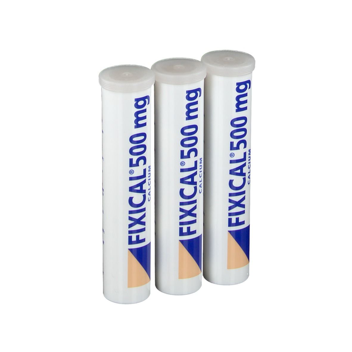 Trois tubes cylindriques blancs avec bouchons. Inscription: Fixical 500 mg Calcium.