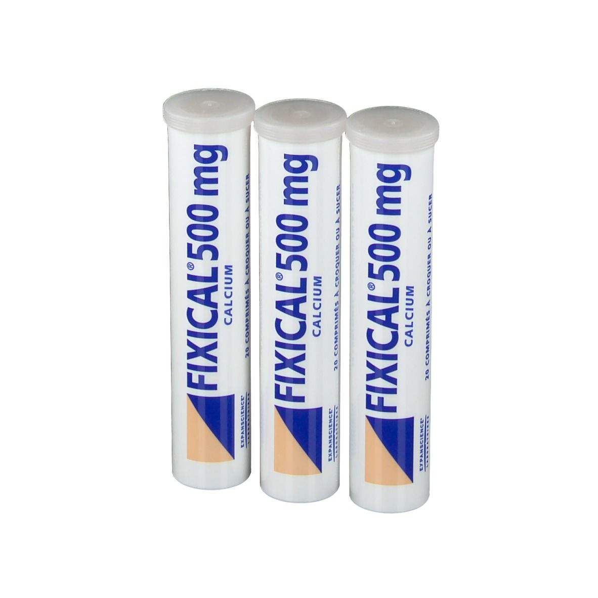 Trois tubes cylindriques blancs avec bouchons. Inscription: Fixical 500 mg Calcium, 20 comprimés.
