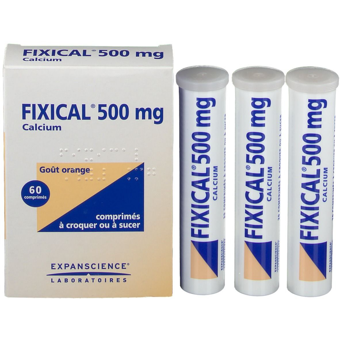Boîte et trois tubes. Boîte: Fixical 500 mg Calcium, 60 comprimés. Goût orange. Marque: Expanscience.