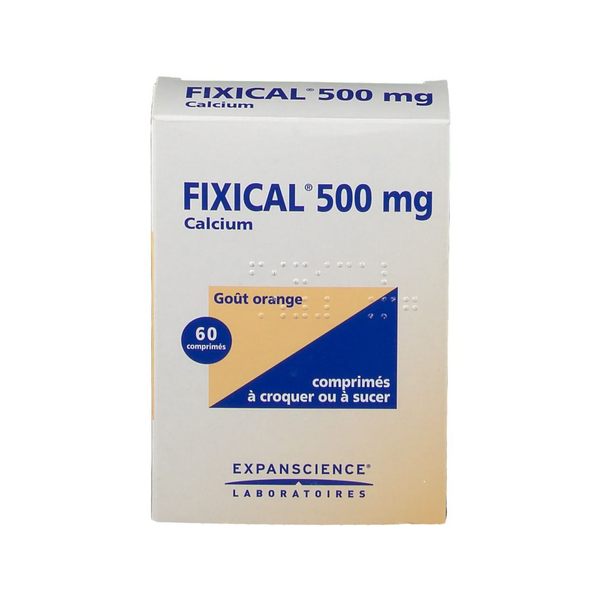 Boîte blanche. Inscription: Fixical 500 mg Calcium, 60 comprimés. Goût orange. Marque: Expanscience.