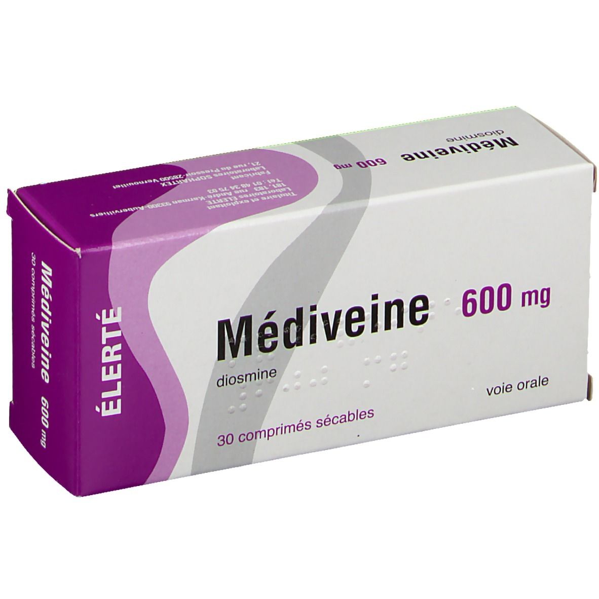 Boîte de Médiveine 600 mg. Emballage blanc et violet. Nom du produit, dosage et 30 comprimés sécables.