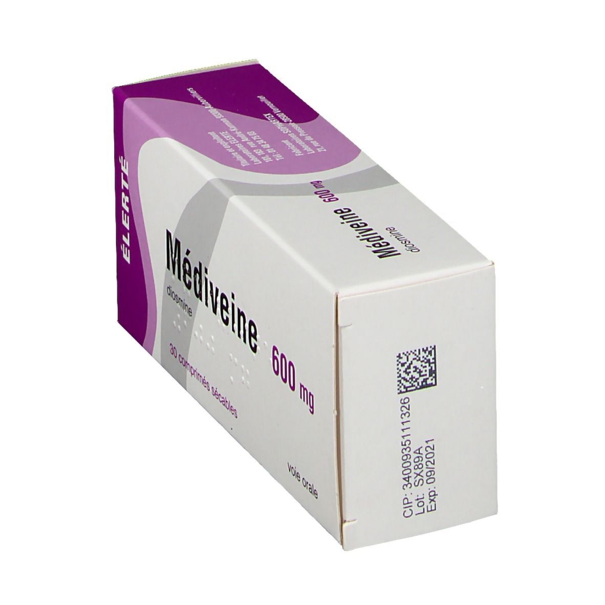 Boîte de Médiveine 600 mg en biais. Emballage blanc avec accents violets. Nom, dosage et informations.