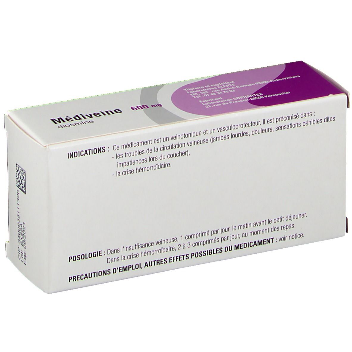 Dos de la boîte Médiveine 600 mg. Texte avec indications et posologie. Emballage blanc et violet.
