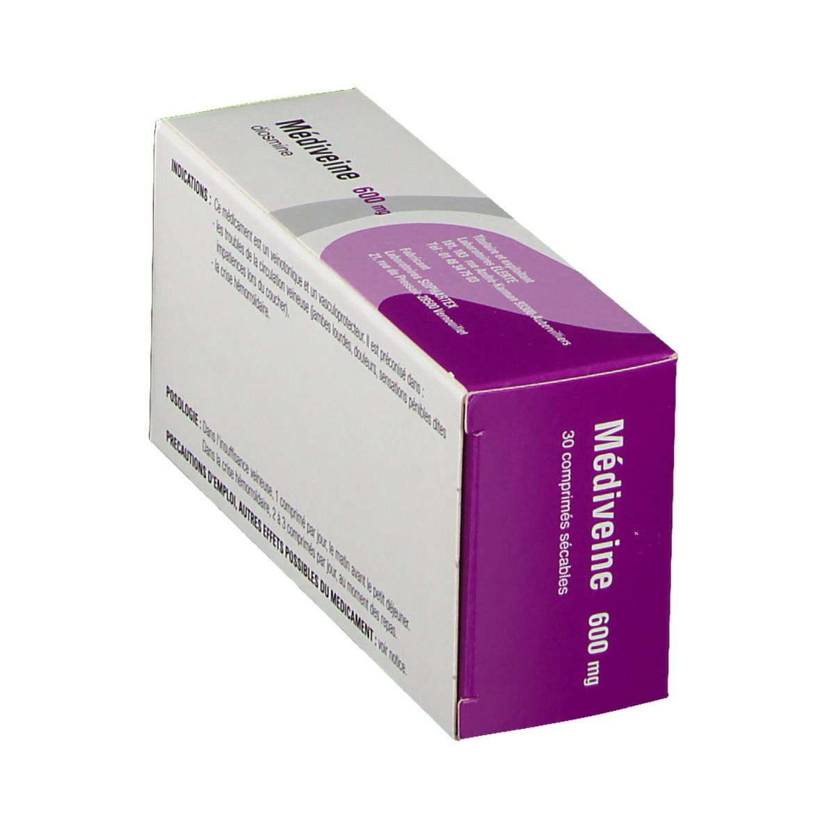 Boîte de Médiveine 600 mg en biais. Emballage blanc et violet. Nom, dosage et informations.