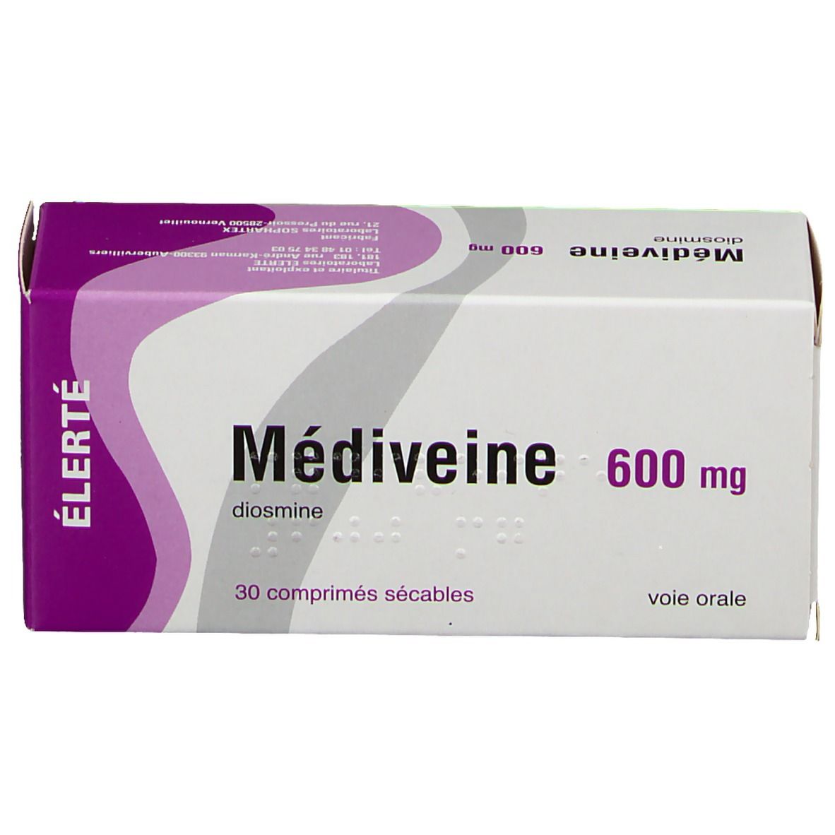 Boîte de Médiveine 600 mg. Emballage blanc et violet. Nom, dosage et 30 comprimés sécables.